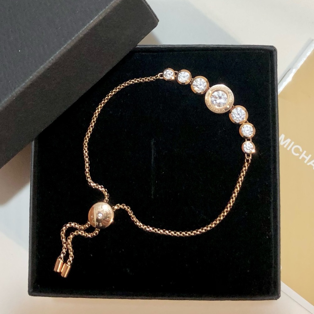 🌹🍃New MICHAEL KORS Rose Gold “Sparkling Brilliance” Clear CZ Slider Bracelet🍃🌹
